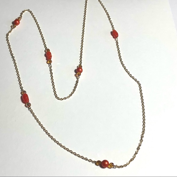 Jewelry - 5/$25 Flapper Style X Long Gold Tone Chain Station Necklace Orange Glass Beads